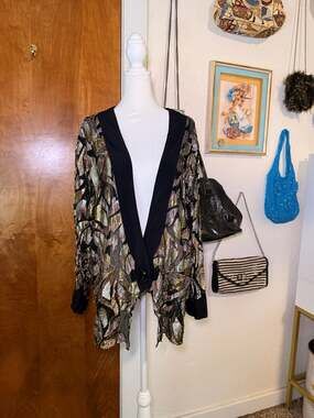 A.C. Sport Vintage Metallic Sheer Leaf Pattern Open Front Cardigan